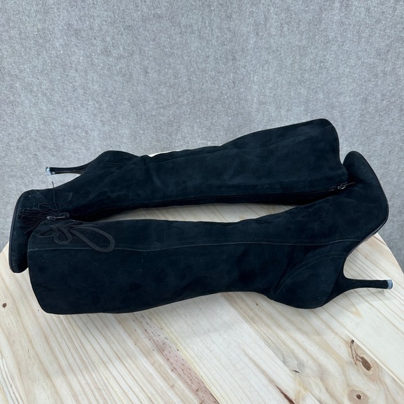 J Vincent Black Suede Stiletto Knee High Boots Decorative Tassel Bow Size 9M - Picture 9 of 16